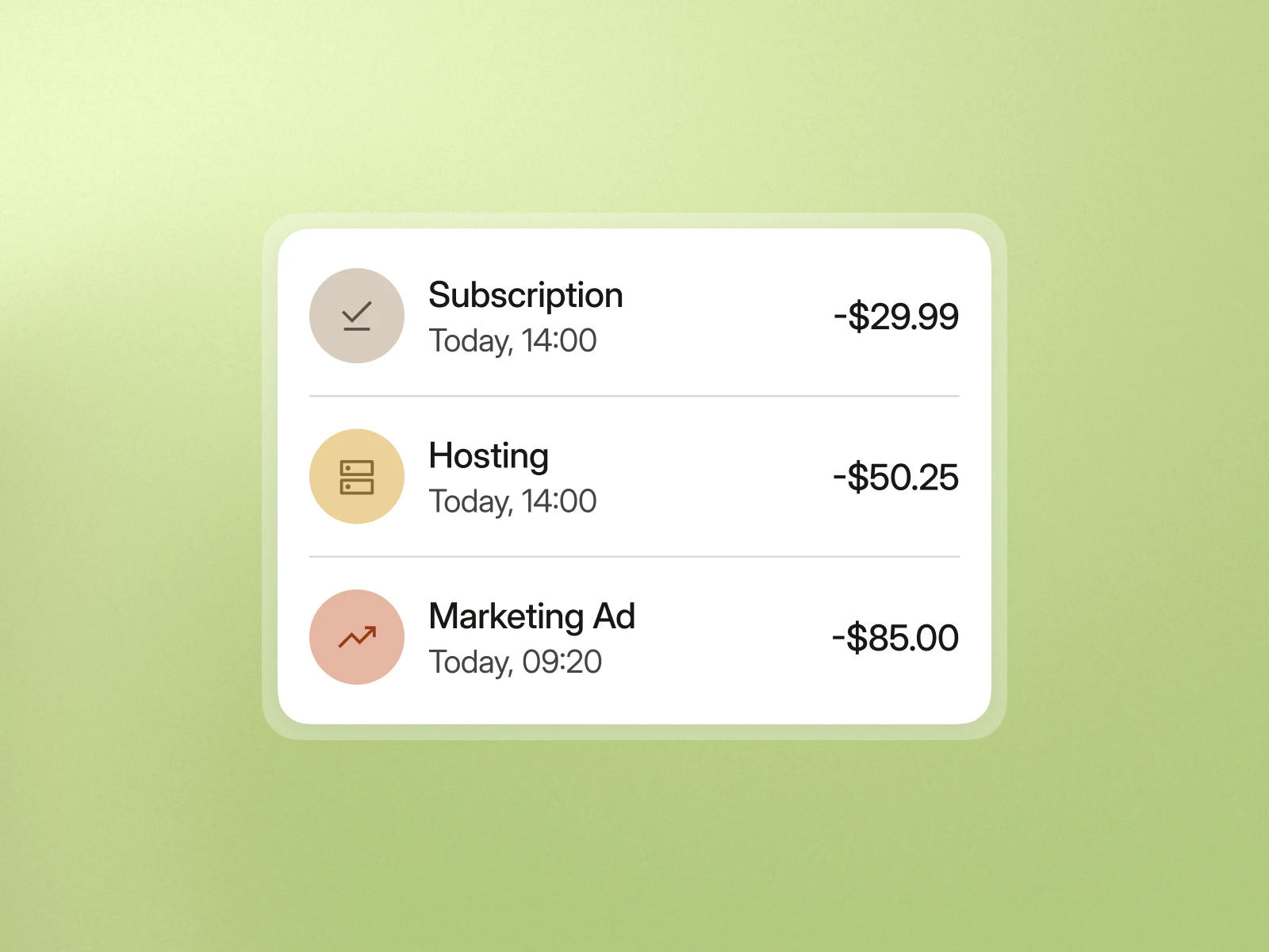 List of three expenses: subscription, hosting, and marketing ad with times and negative amounts.