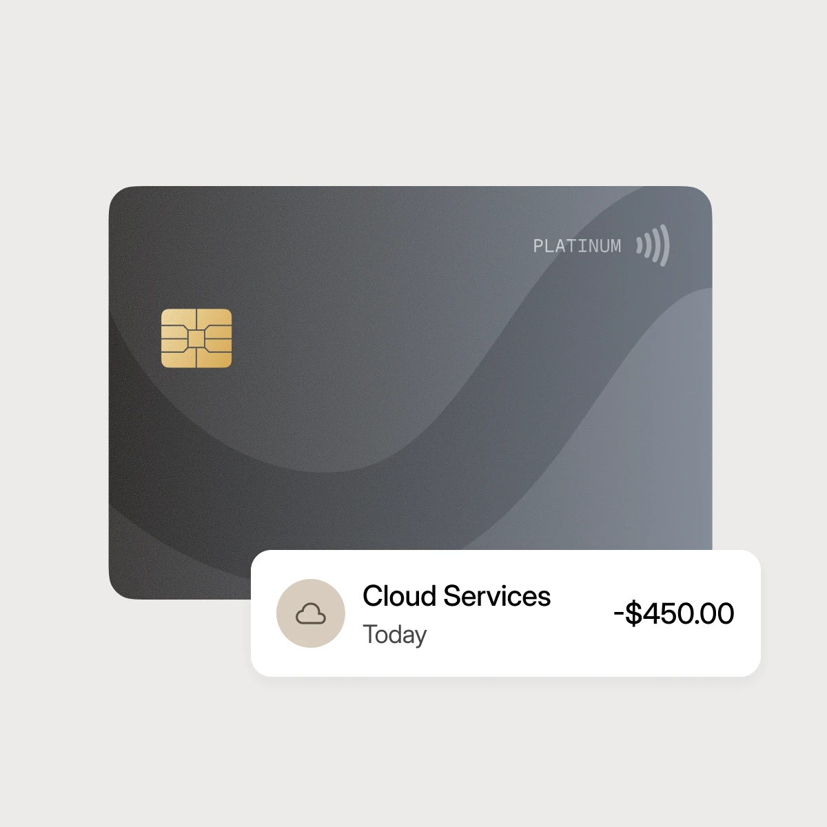 Dark gray platinum credit card with a $450 charge for cloud services today.