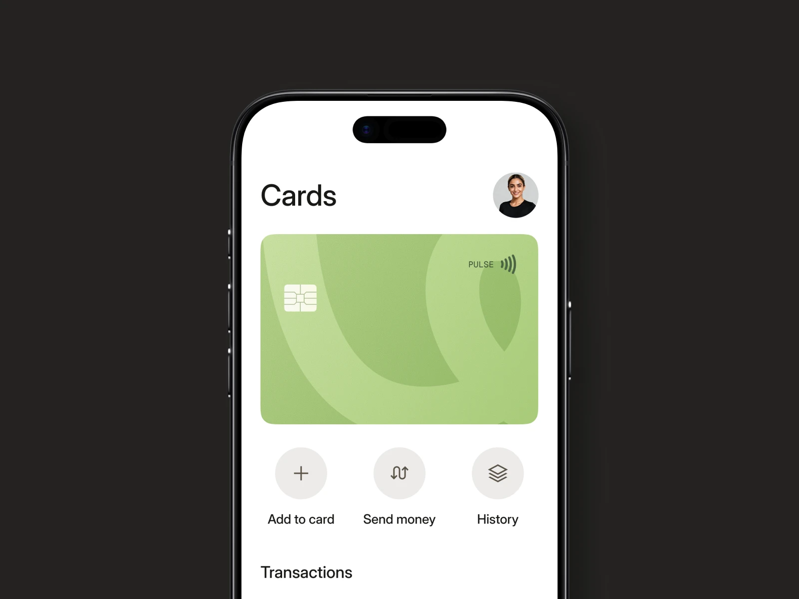 Mobile screen showing green digital card, buttons for add to card, send money, and history.