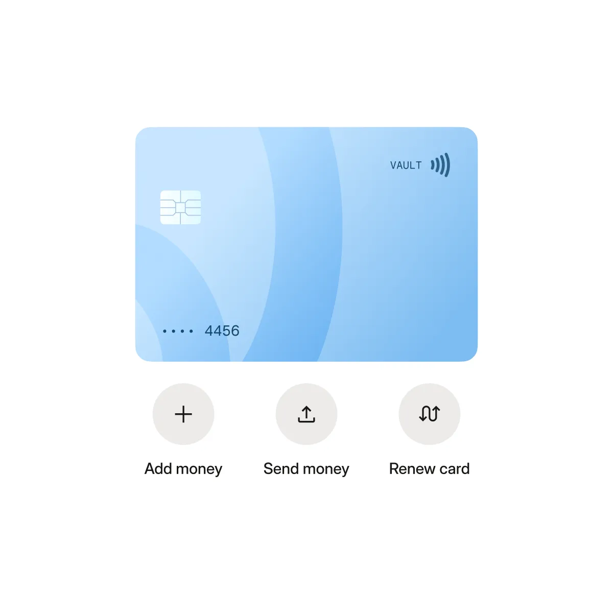 Blue Vault card showing last four digits 4456 with options to add money, send money, and renew card.