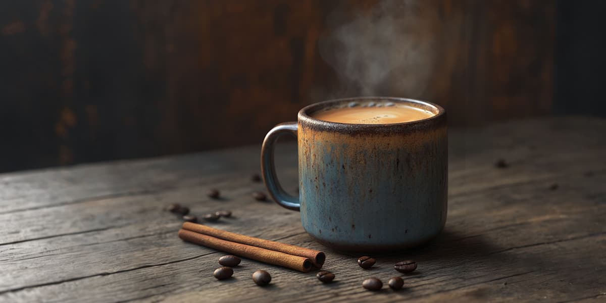 A steaming black coffee cup on a saucer, warm cozy lighting
