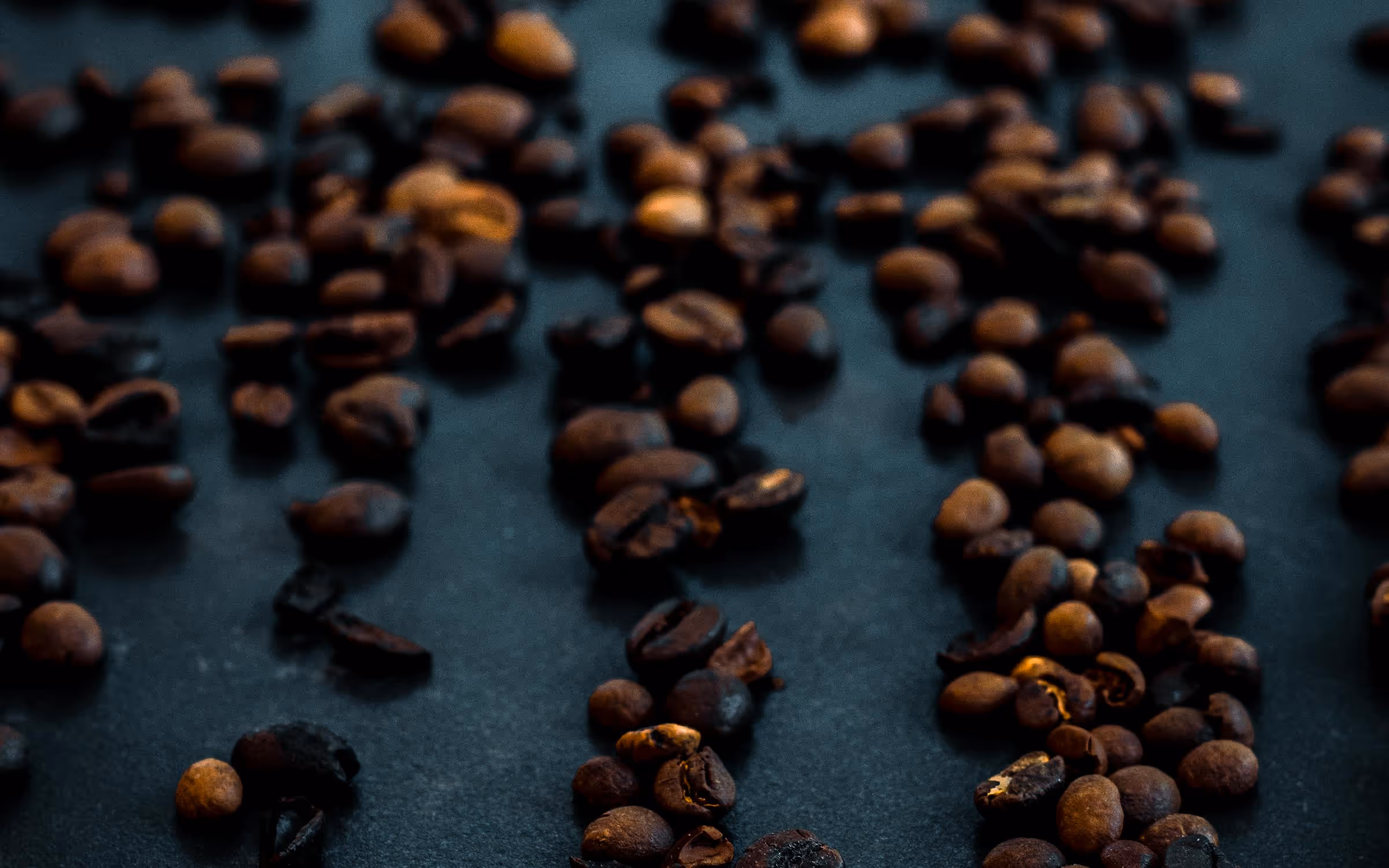 Close-up macro of roasted single origin coffee beans on a dark surface
