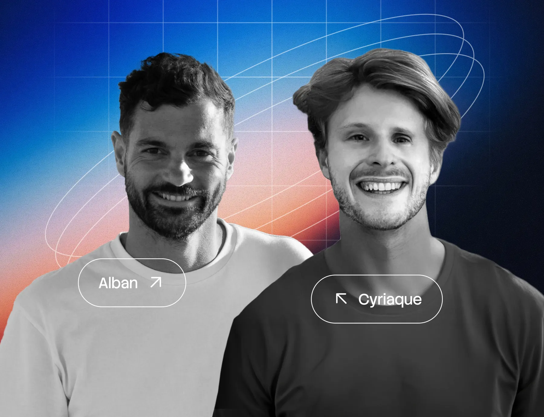 Two smiling men against a colorful gradient background with grid overlay.