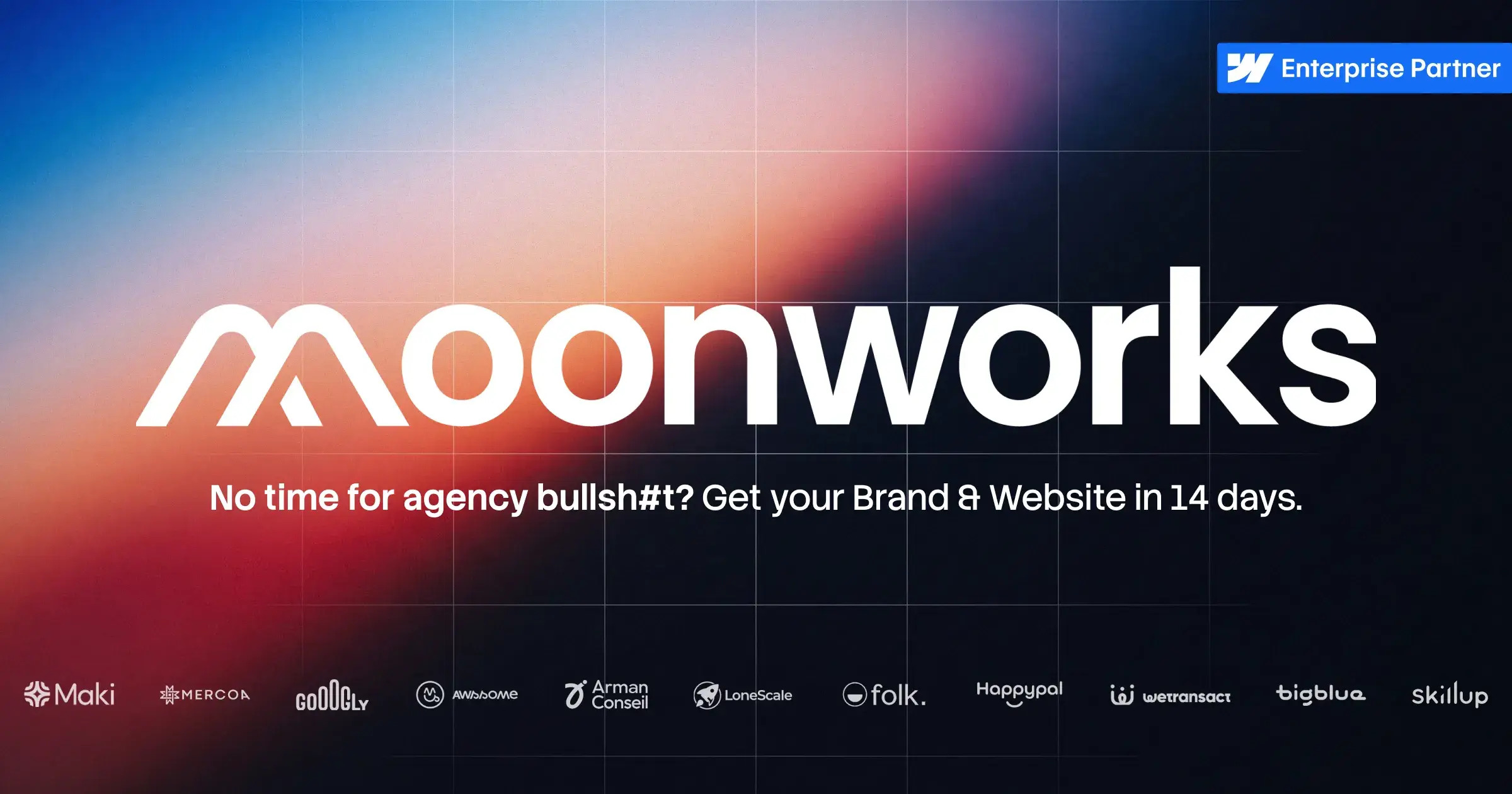 Moonworks wordmark above the logos of clients it has shipped for
