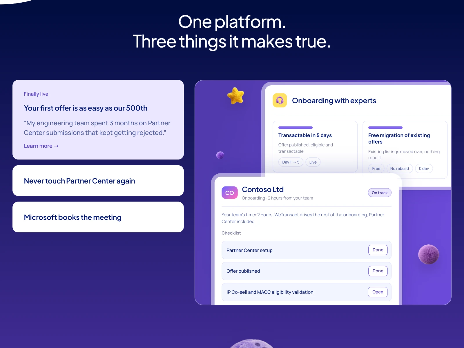 WeTransact platform page with stacked onboarding cards