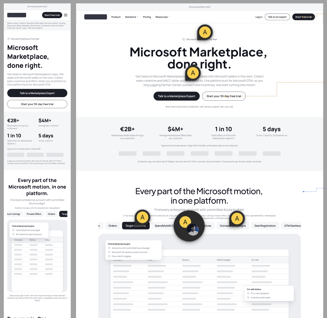 Positioning and messaging wireframe for a B2B SaaS homepage, mobile and desktop