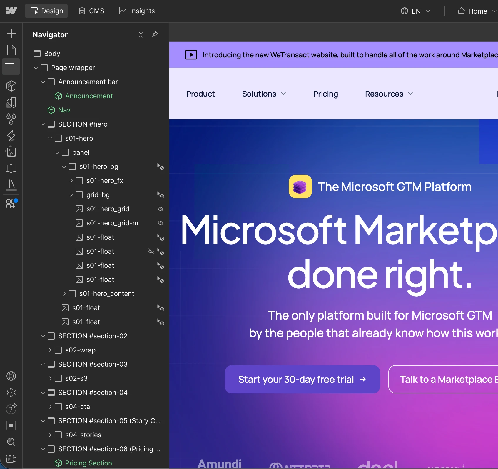 Webflow Designer with a clean, named structure for a B2B SaaS homepage build