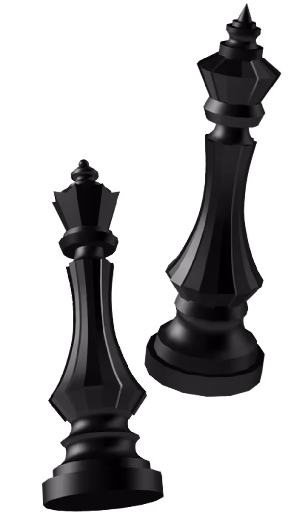 Two black chess queen pieces standing upright on a transparent background.