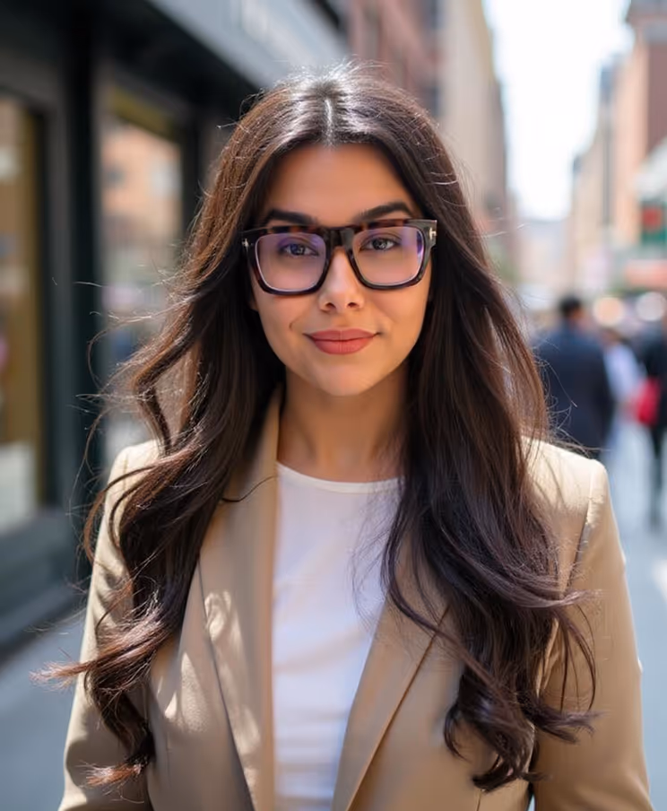 Head shot of Sylvia Luchian on the street in Melbourne.