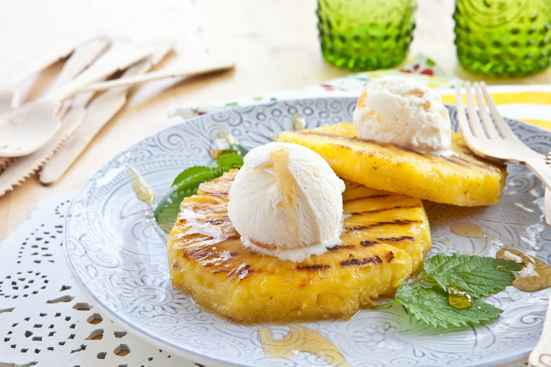 Grilled Pineapple with Mango Sorbet and Toasted Coconut
