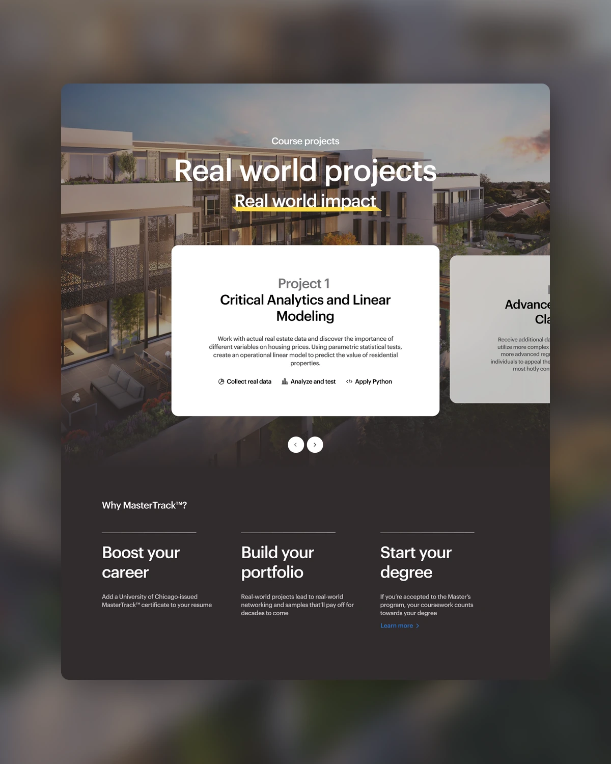 Coursera MasterTrack course page on a blurred photo