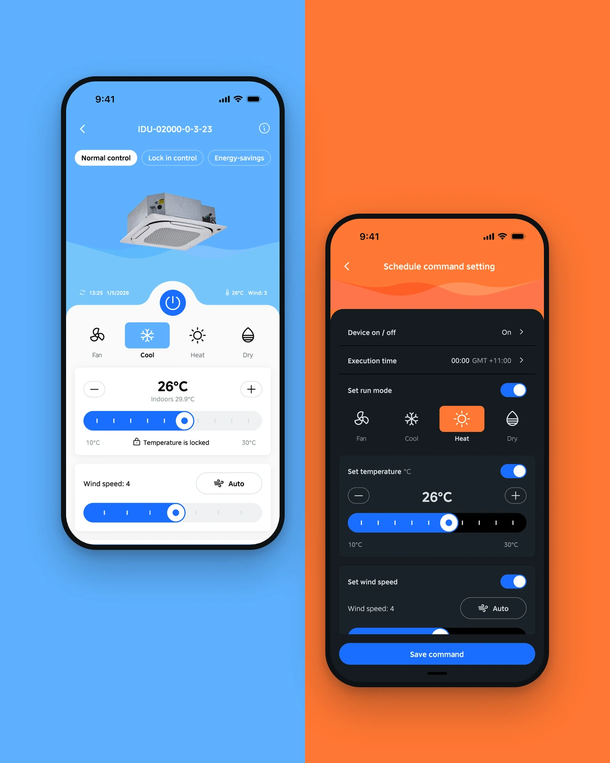 Midea air-conditioning app: cooling control and heating schedule screens