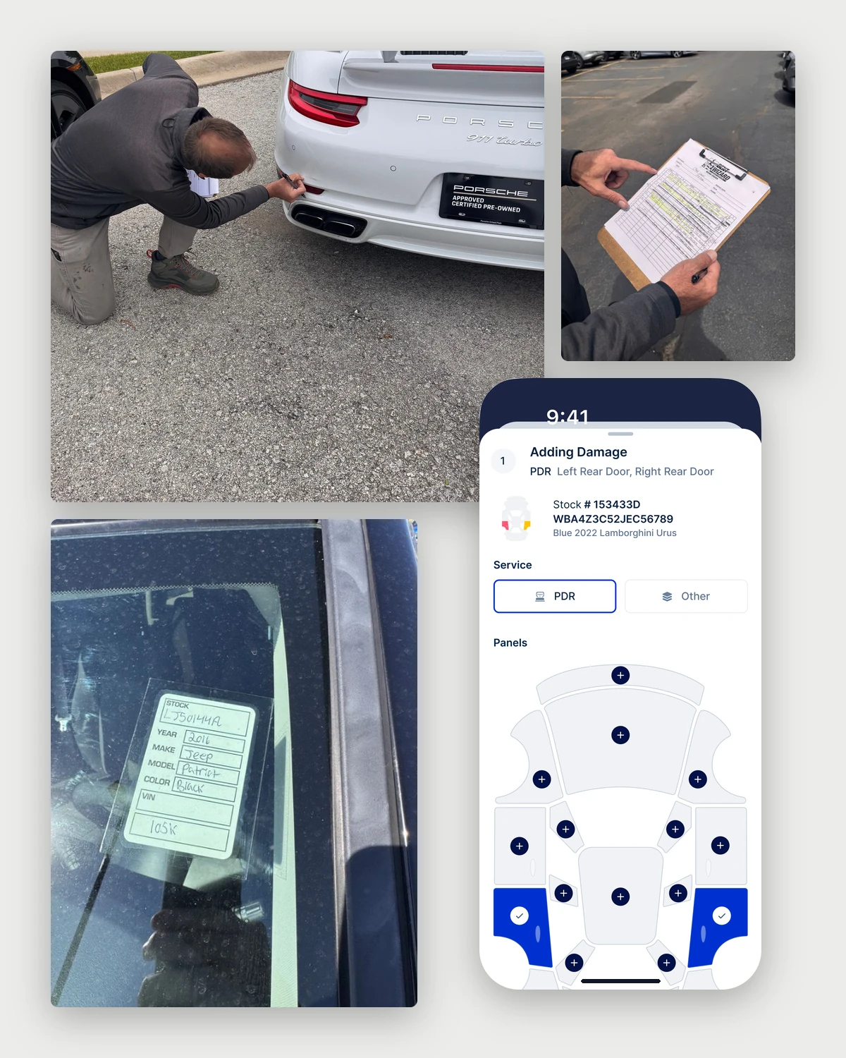 Dent Wizard lot walk: a technician at a car, a paper work order, a window form, and the new app's damage map