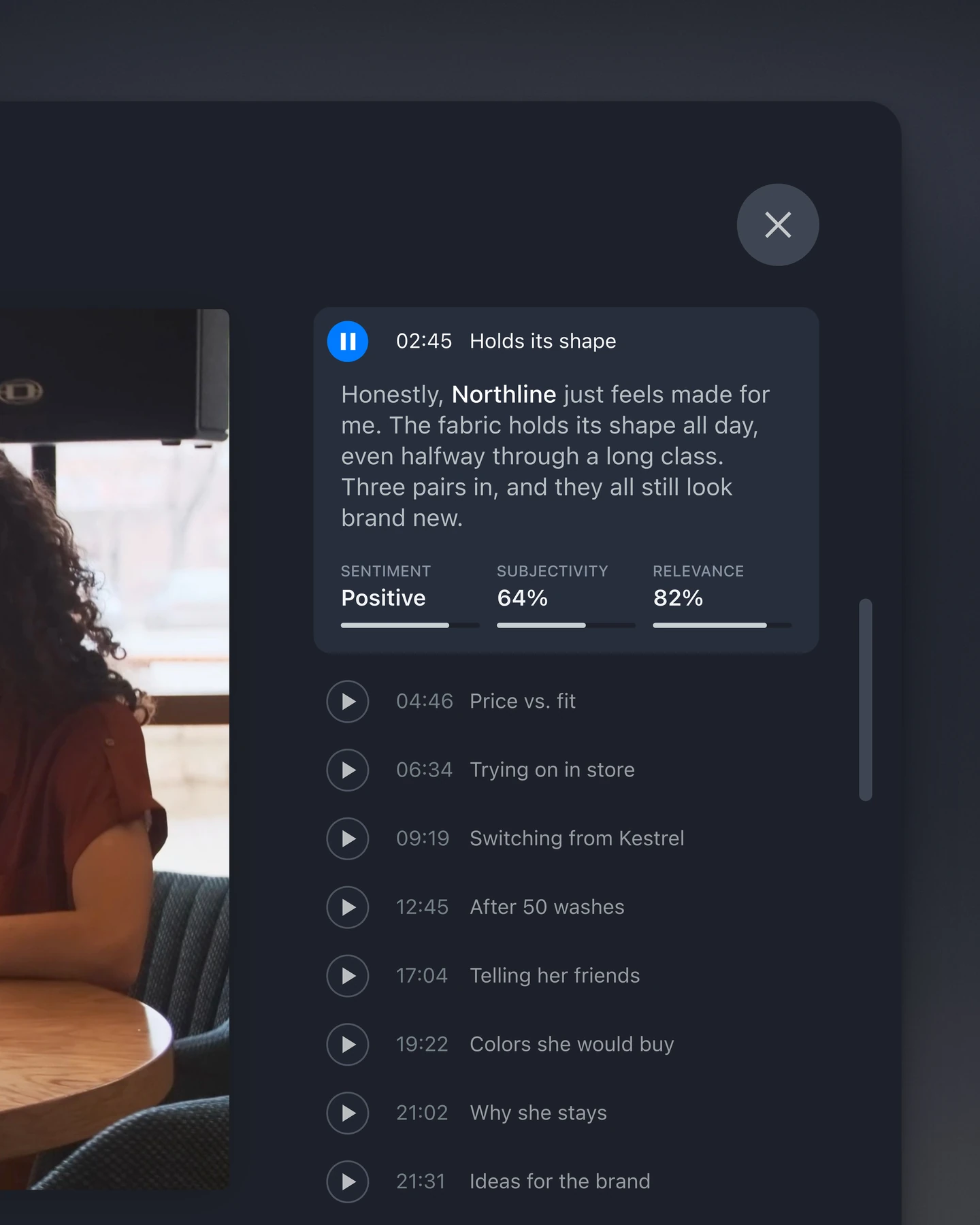 FocusVision key moments: an interview clip with its sentiment, subjectivity, and relevance, beside the list of moments