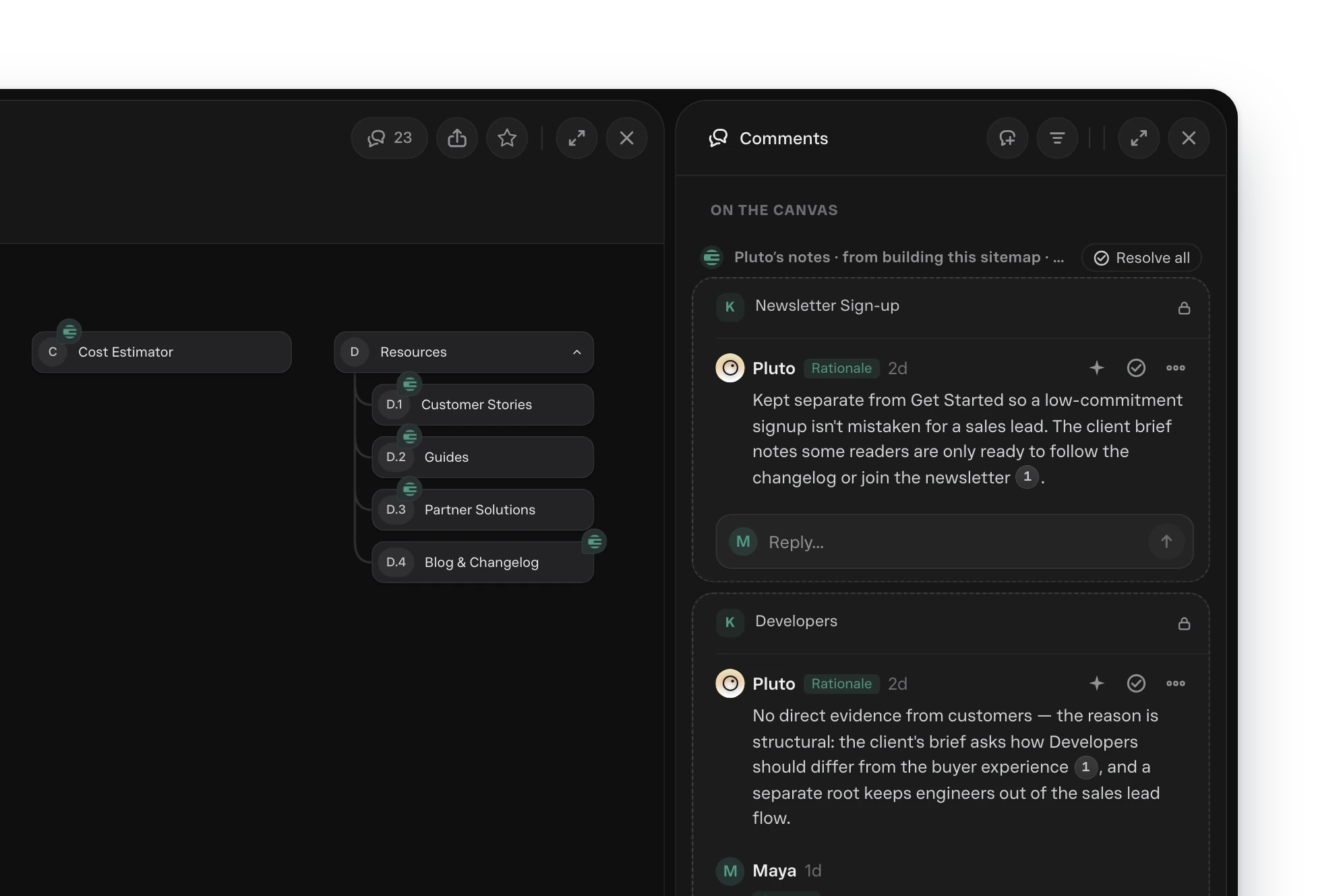 Pluto, RocketAir's Design Intelligence platform: a sitemap with Pluto's notes on its pages