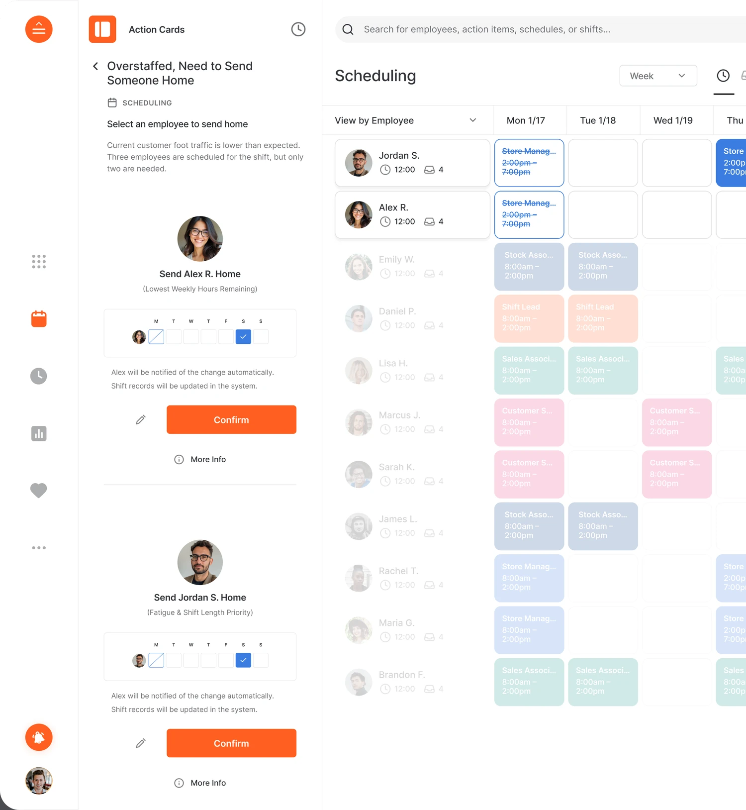 ATOSS scheduling app: an AI action card suggesting who to send home, beside the weekly schedule