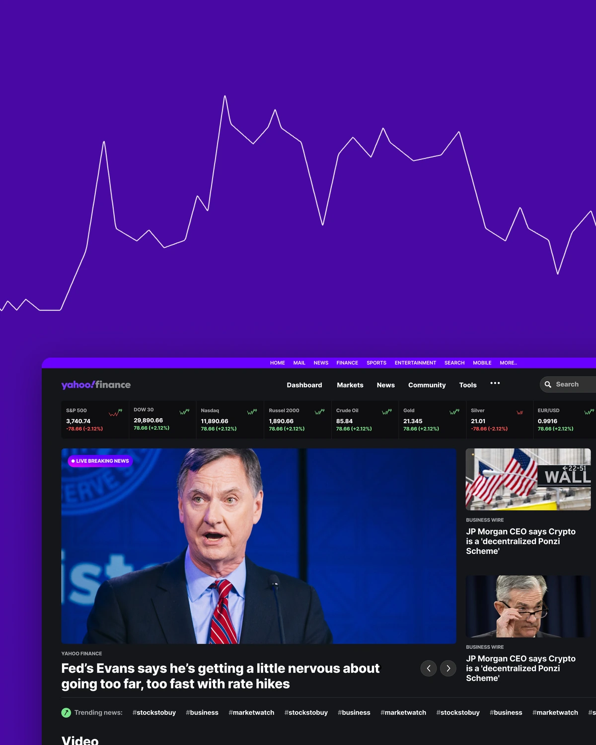 Yahoo Finance home screen with market ticker and breaking news