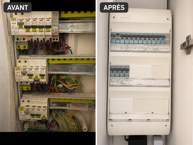 Remplacement tableau électrique Paris 75002 avant après