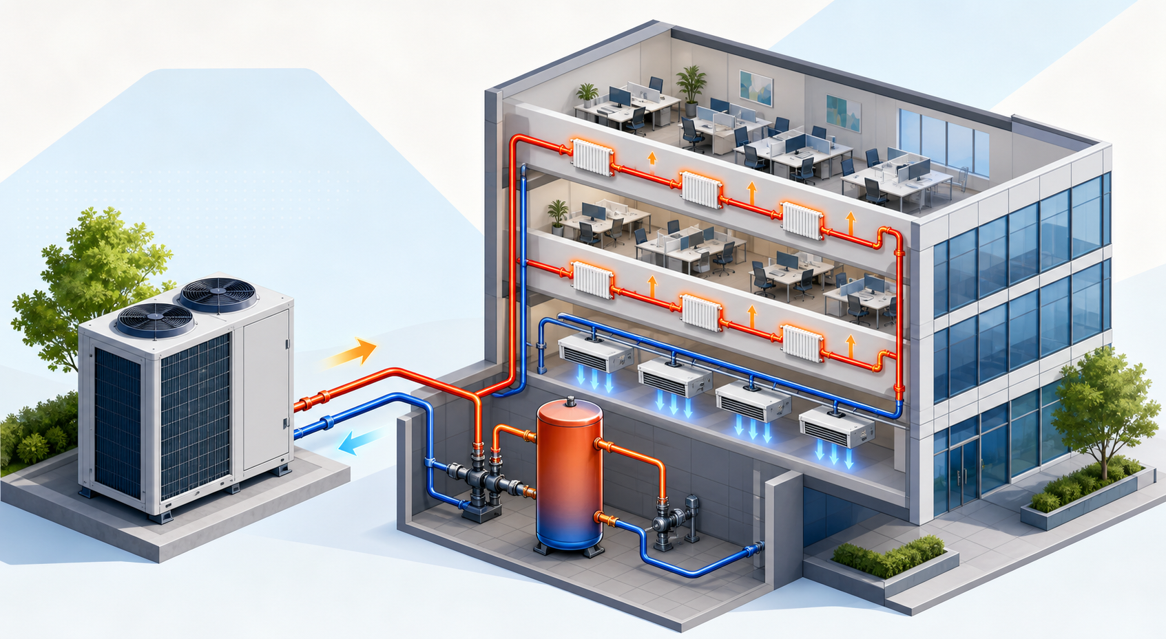 Schéma illustré d’une pompe à chaleur air/eau alimentant un bâtiment tertiaire