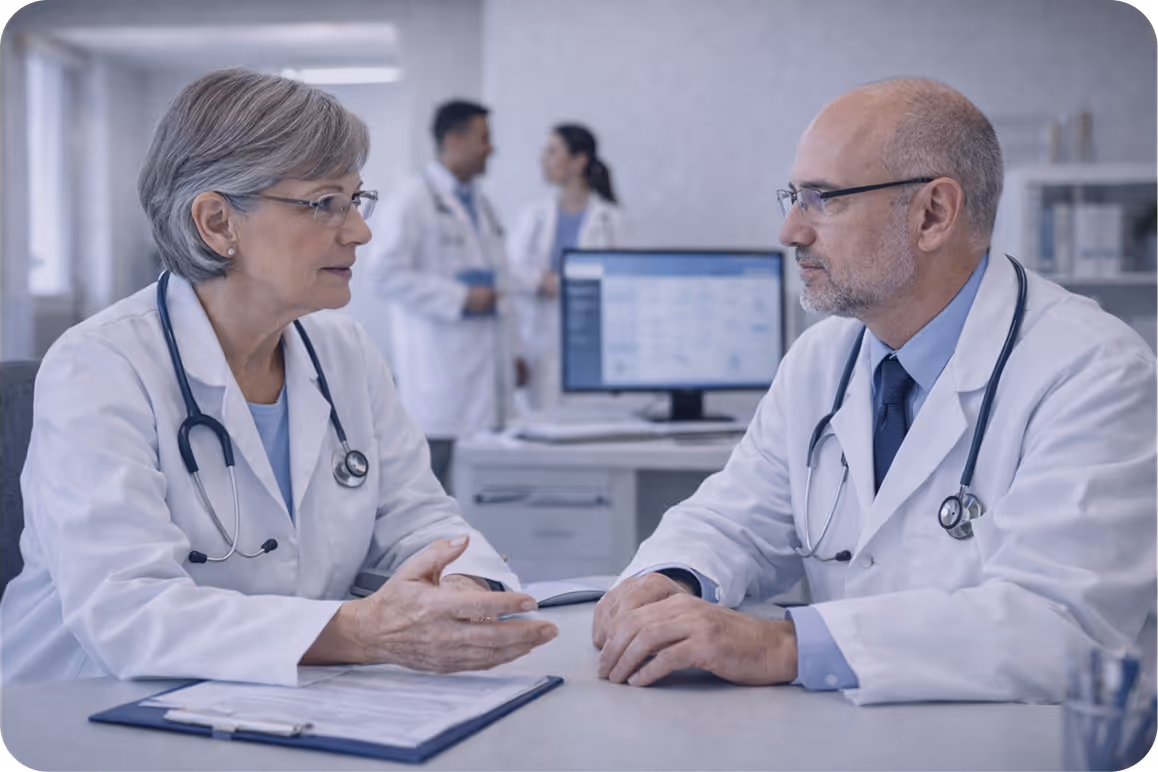 Two doctors in white coats and stethoscopes having a serious discussion at a desk with medical papers.