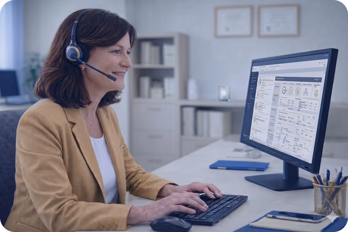 Woman in tan blazer wearing headset and typing on keyboard while looking at a computer monitor in an office.