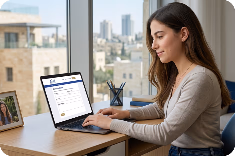 Young woman sitting at a desk using laptop to fill out an online consultation form.