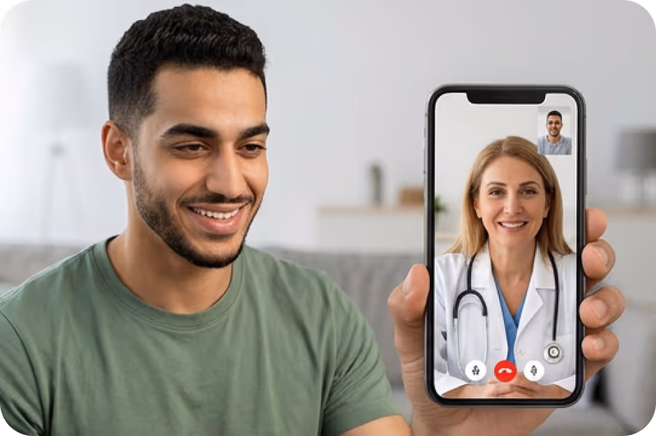 Man video calls a female doctor shown on the smartphone screen with a stethoscope around her neck.