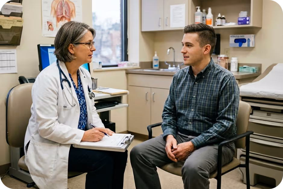 Female doctor with stethoscope talking to a male patient in a medical exam room.