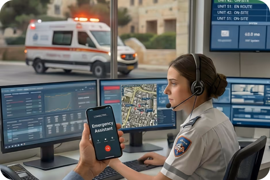 Emergency operator wearing headset at dispatch center with monitors and ambulance outside.