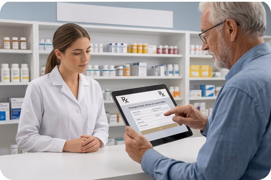 Older man using tablet to request prescription refills from female pharmacist at pharmacy counter.