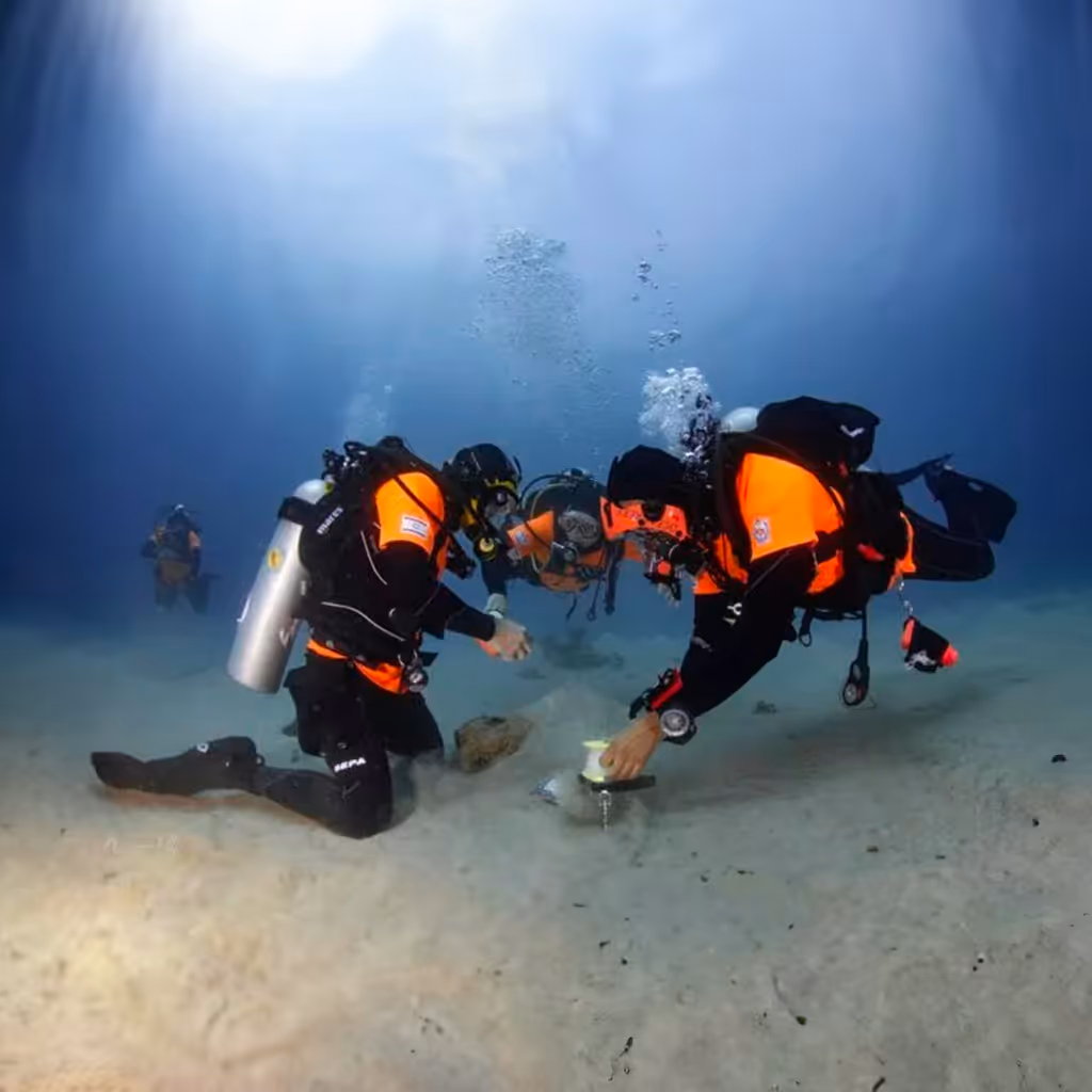 Two scuba divers in orange and black gear kneeling and working on an object on the sandy ocean floor with another diver in the background.