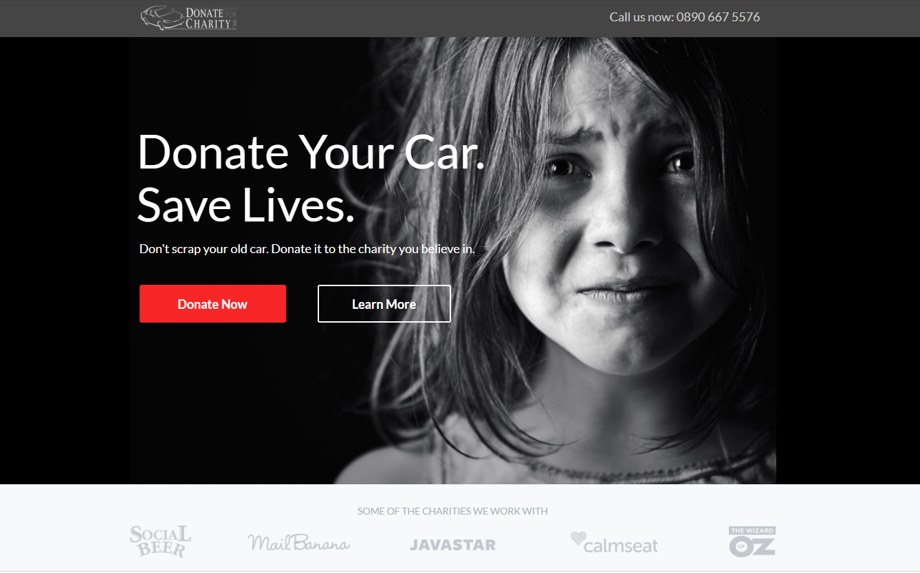 Donate For Charity car donation landing page Variant 1 — sorrow imagery (black-and-white crying child), the conventional charity-ad approach