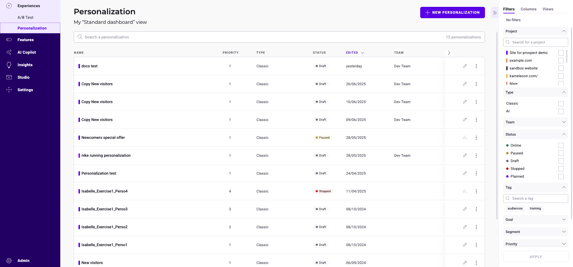 Kameleoon AI personalisation dashboard
