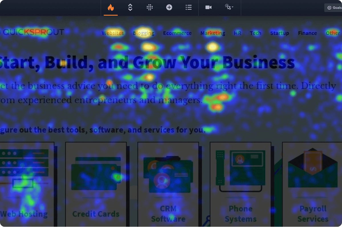 CrazyEgg heatmap and confetti snapshot showing click distribution across a homepage.