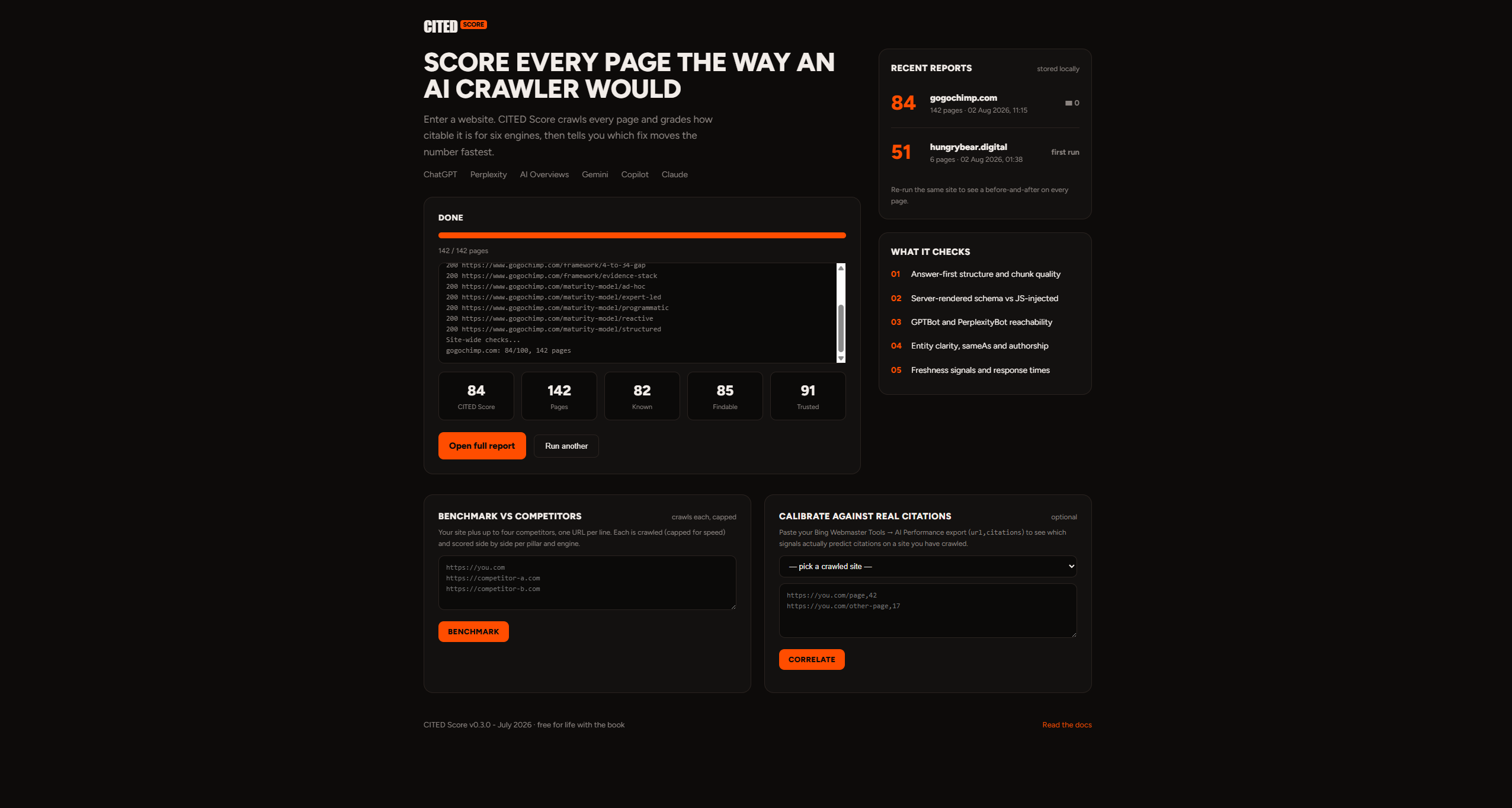 CITED Score URL entry screen for launching a full-site AI SEO crawl