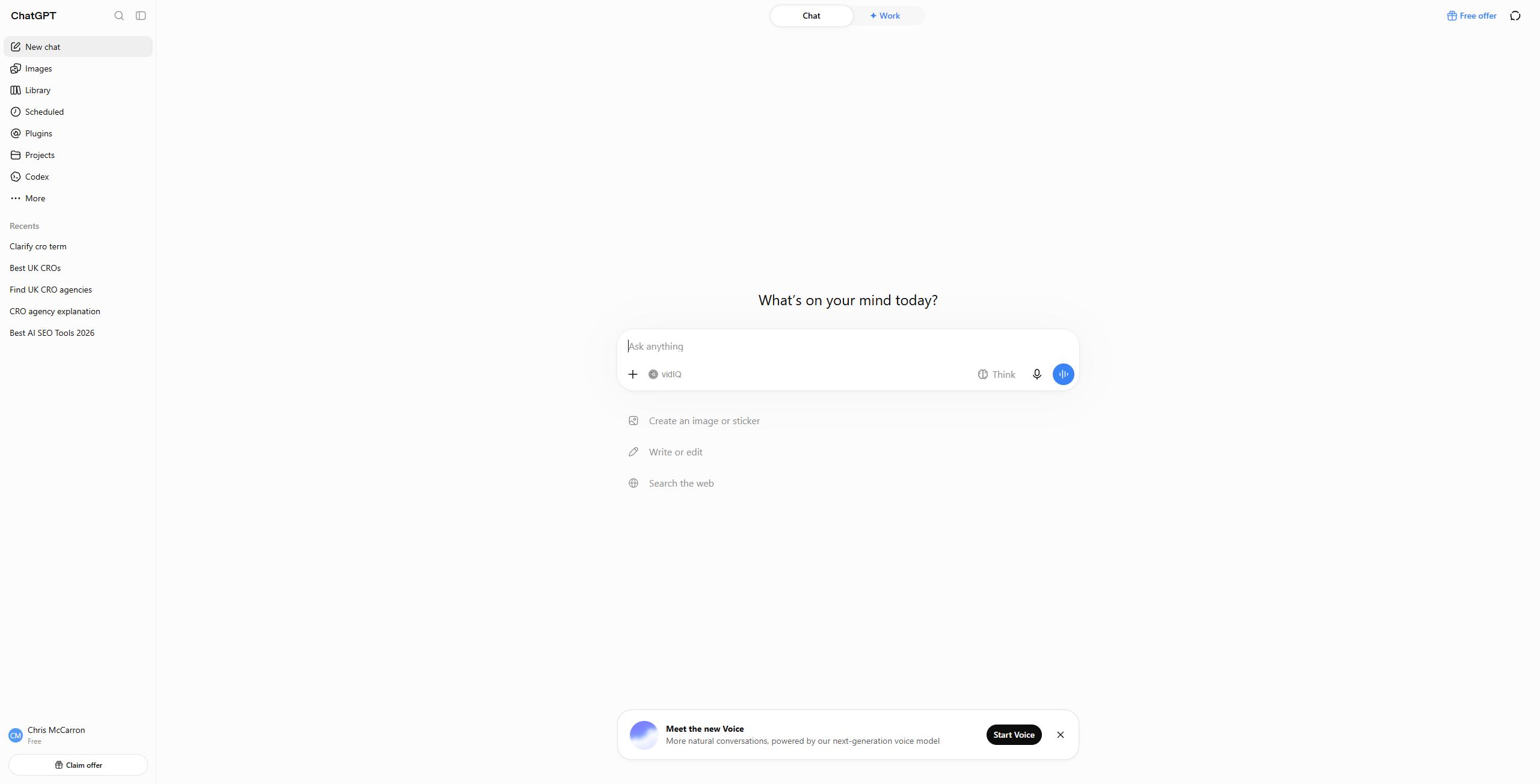 ChatGPT home page in 2026 showing the chat prompt input and interface.