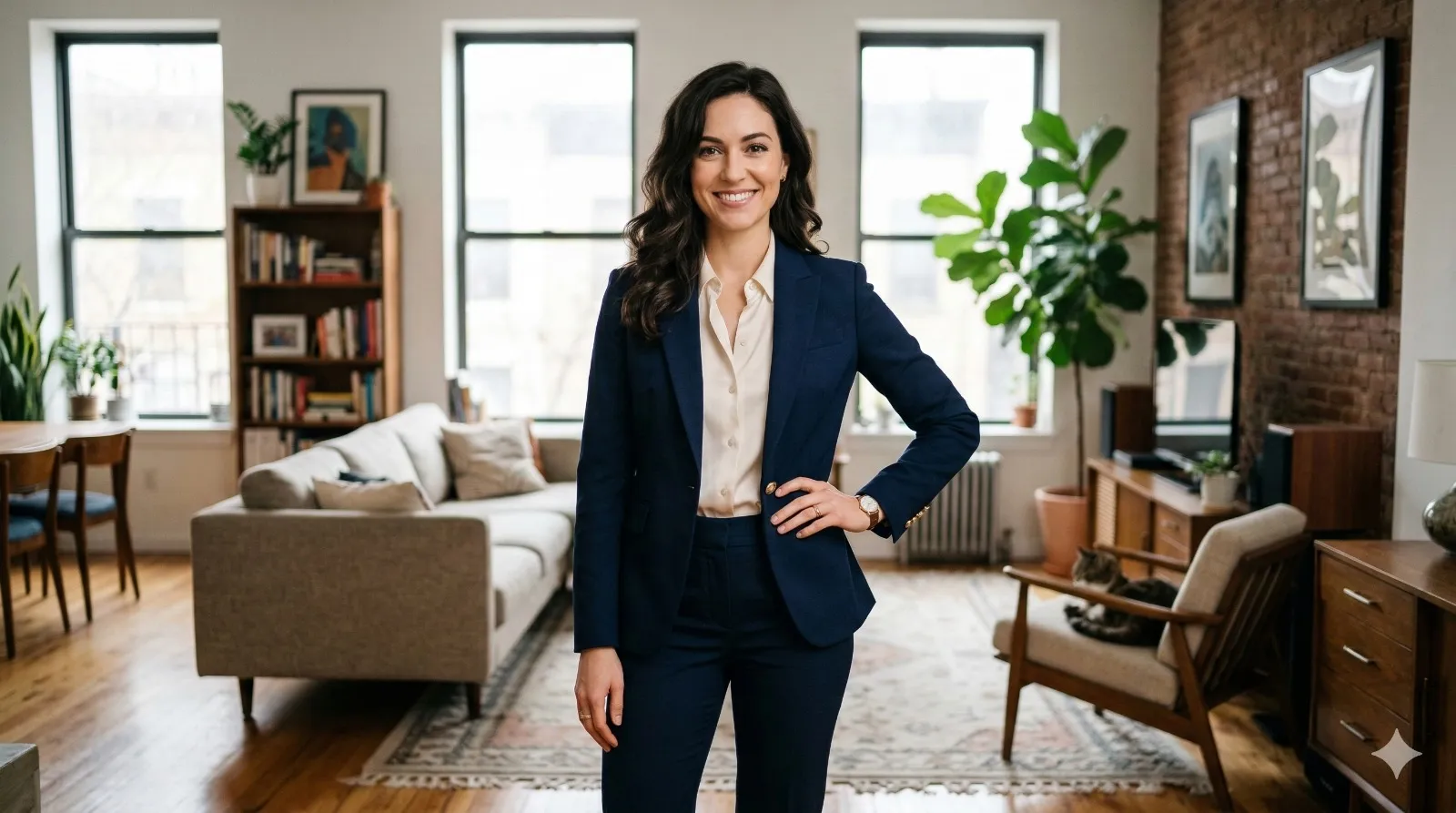 Smiling woman in navy blue suit standing confidently in a stylish living room with large windows, plants, and wooden furniture.