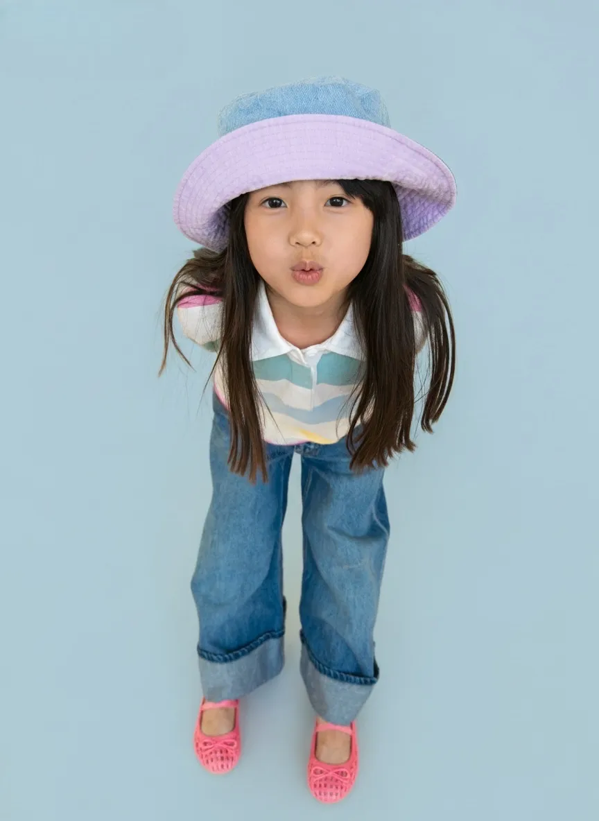 Young girl wearing a two-tone bucket hat, striped polo shirt, cuffed jeans, and pink shoes blowing a kiss.