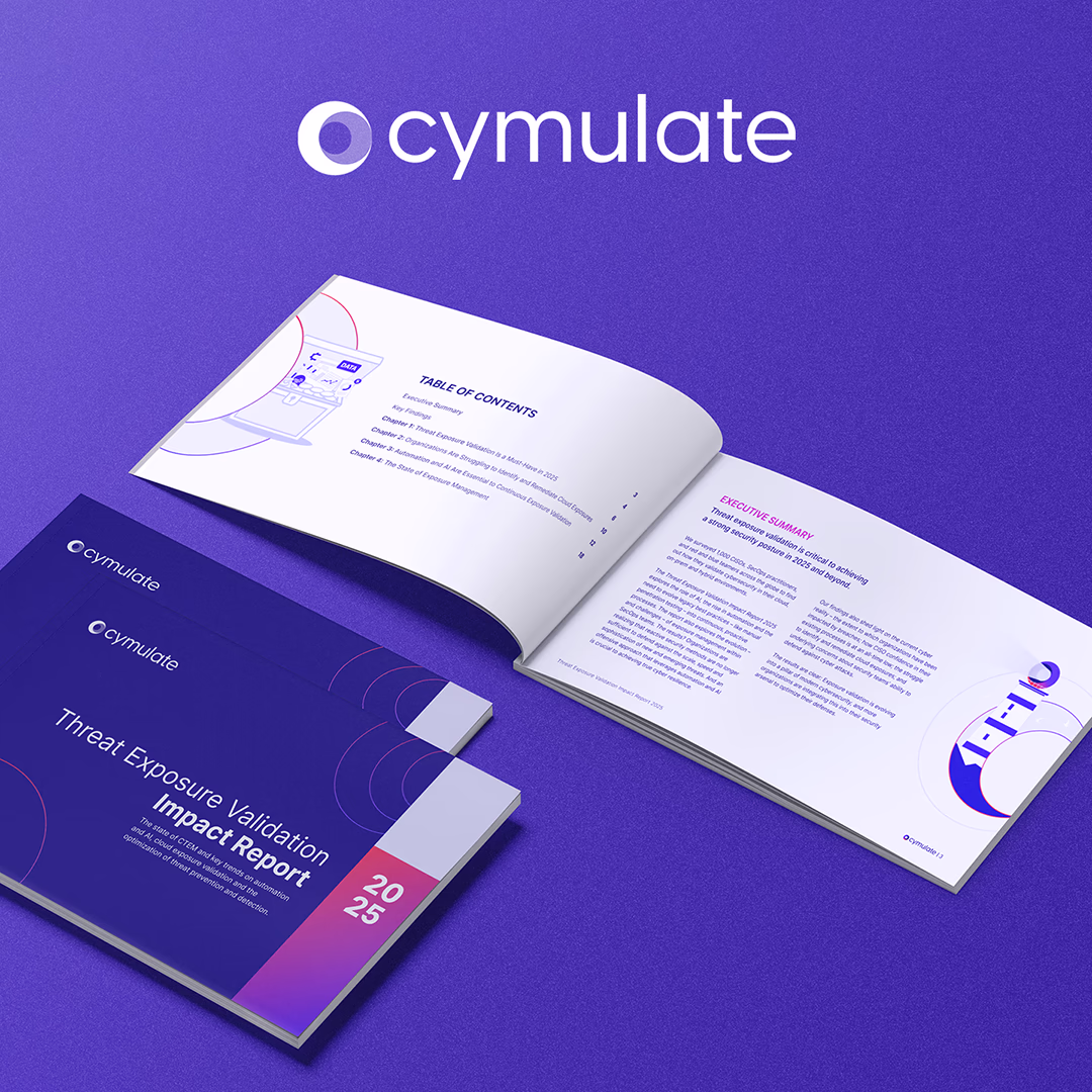 Open book and cover titled 'Threat Exposure Validation Impact Report 2025' from Cymulate on a purple background.