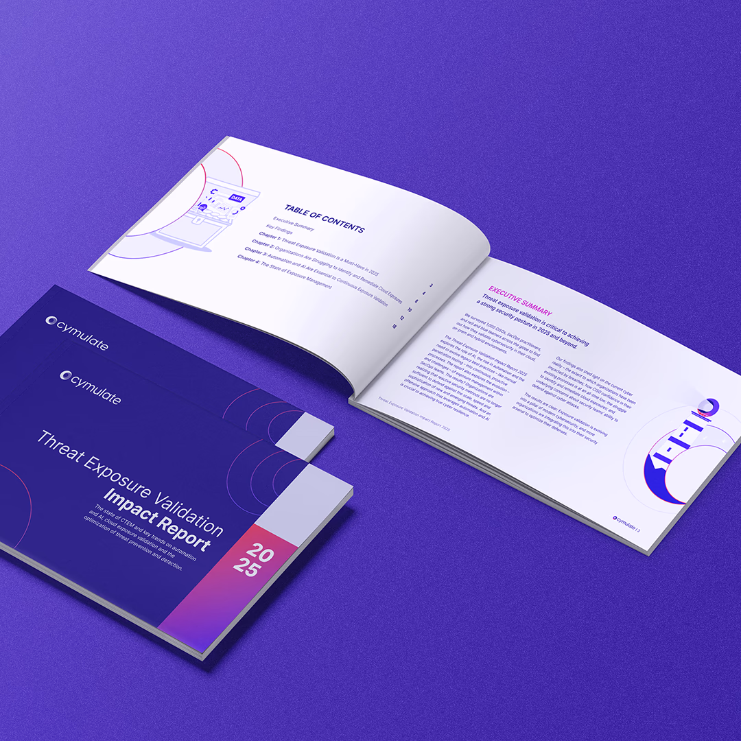 Open and closed copies of Cymulate's Threat Exposure Validation Impact Report 2025 on a purple surface.