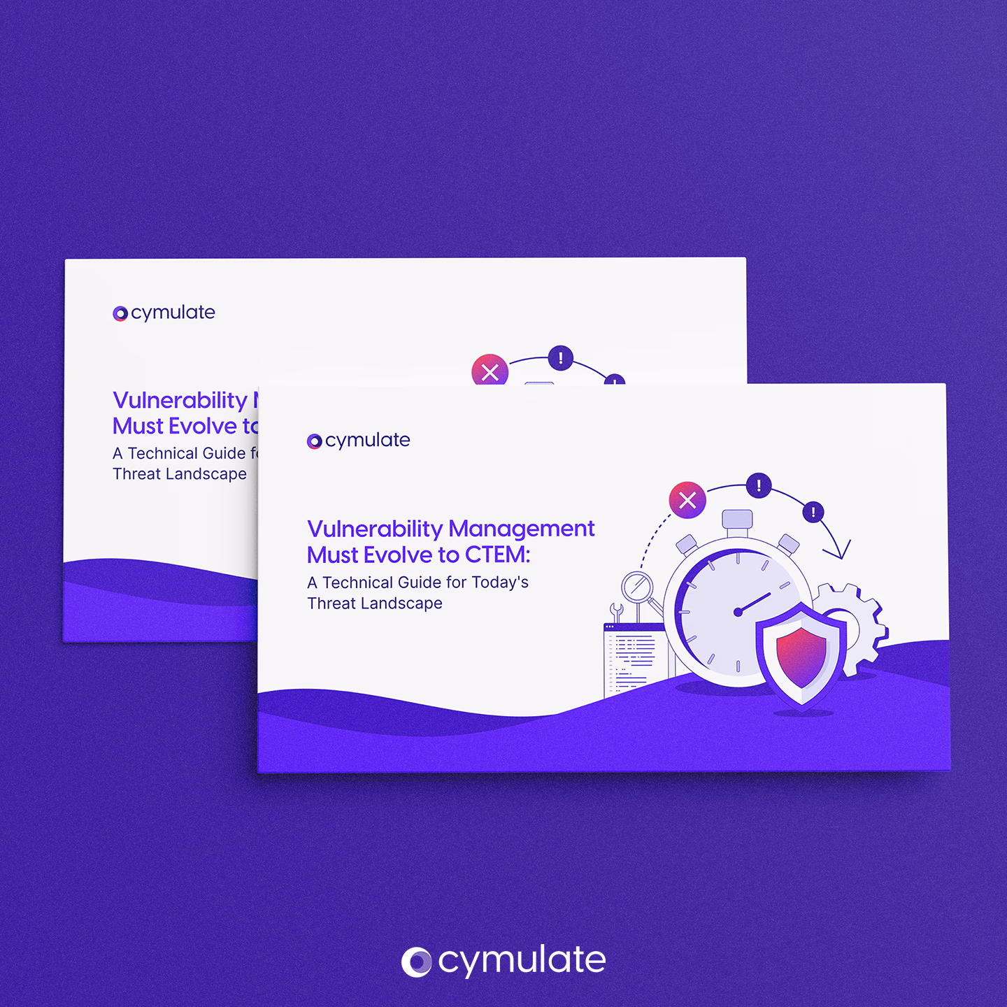 Two overlapping cards titled 'Vulnerability Management Must Evolve to CTEM: A Technical Guide for Today’s Threat Landscape' with cymulate logos and illustrations of a stopwatch, shield, and gear.