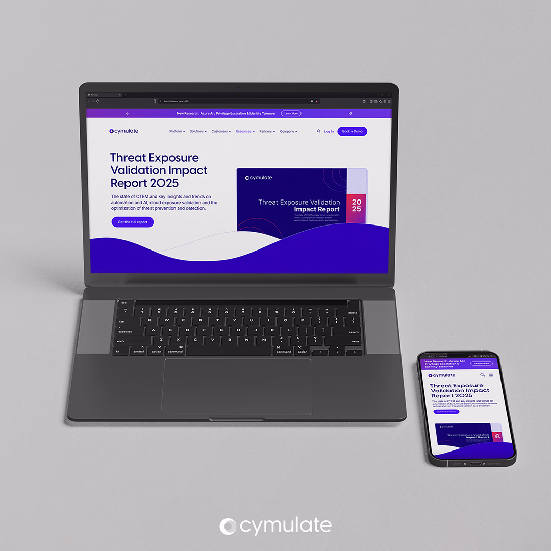 Laptop and smartphone displaying Cymulate's Threat Exposure Validation Impact Report 2025 webpage.