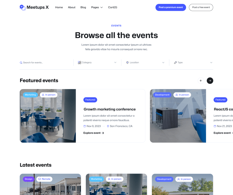 Meetups X - Events Main Page - Event Directory Webflow Template