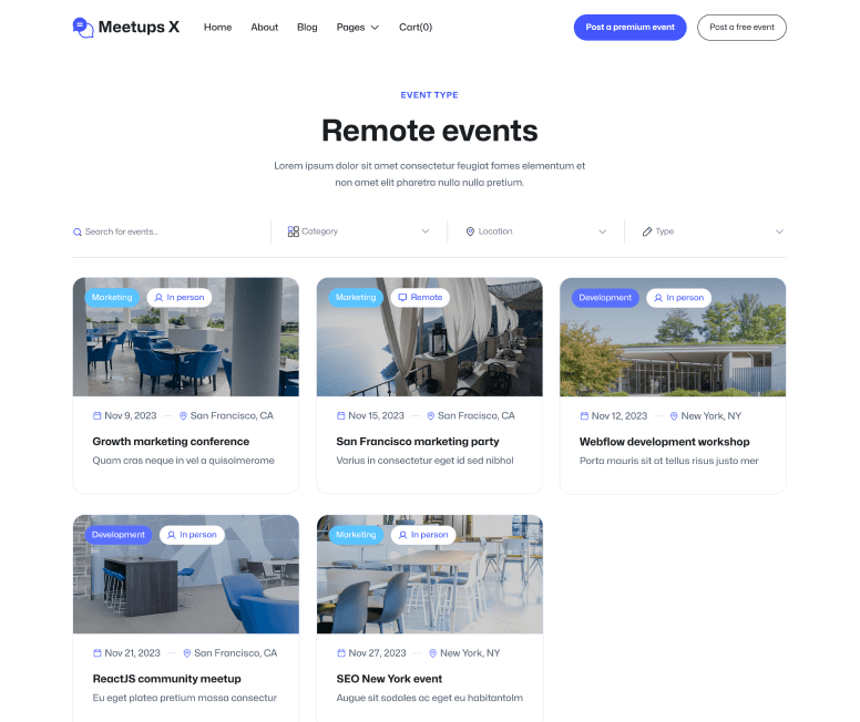 Meetups X - Event Type Main Page - Event Directory Webflow Template