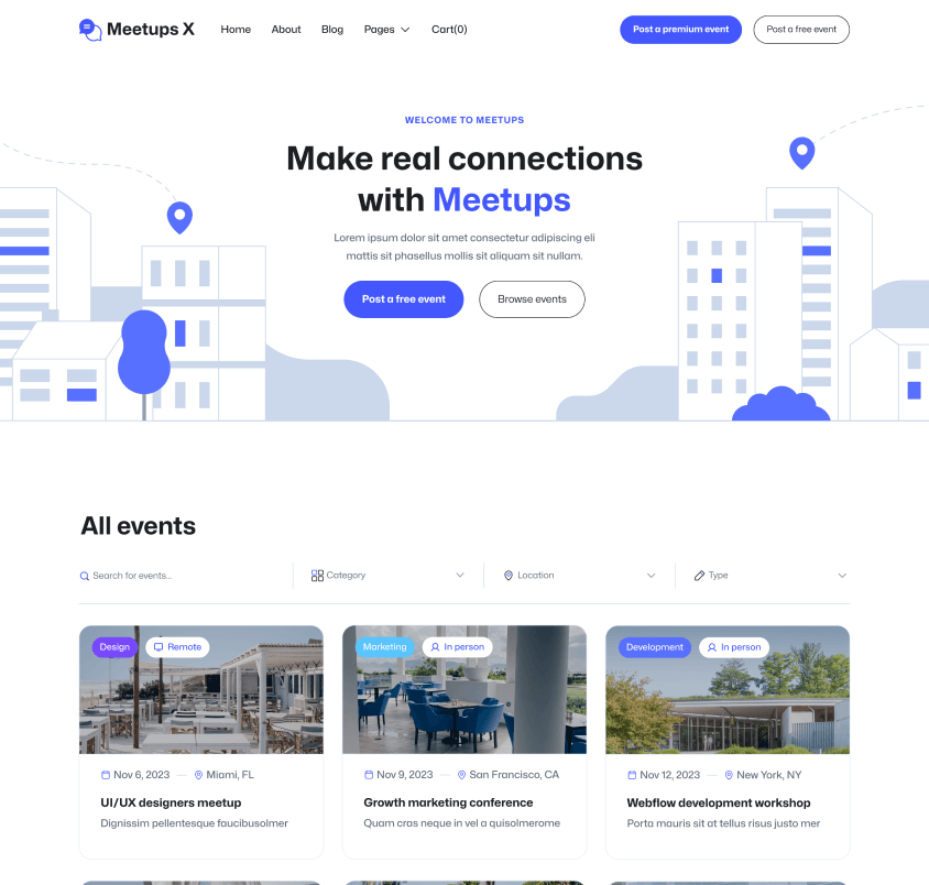 Meetups X - Home Page - Event Directory Webflow Template