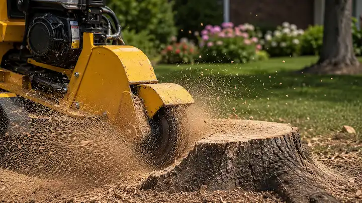 Yellow stump grinder tool cutting a tree stump with wood chips flying outdoors.