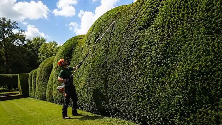 Man wearing safety gear trims a tall, thick green hedge using a pole hedge trimmer on a sunny day.