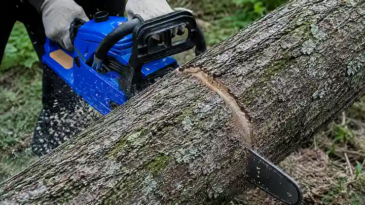 Person cutting a large tree trunk with a blue chainsaw outdoors.