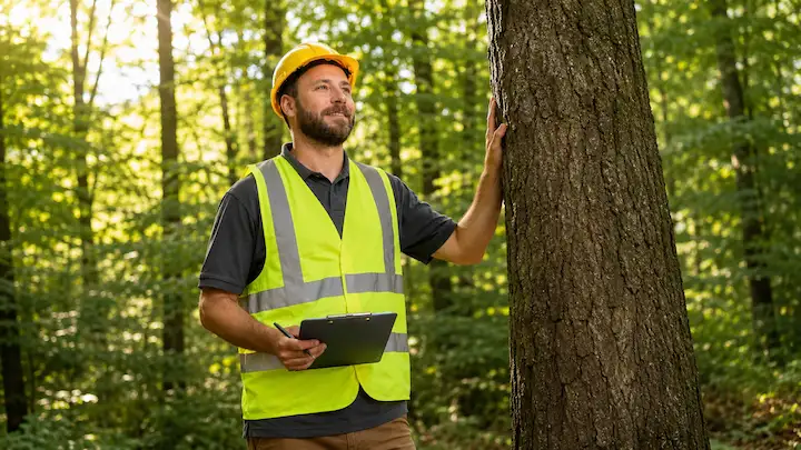 Man in yellow safety vest and hard hat inspecting a tree in a sunlit forest holding a clipboard.
