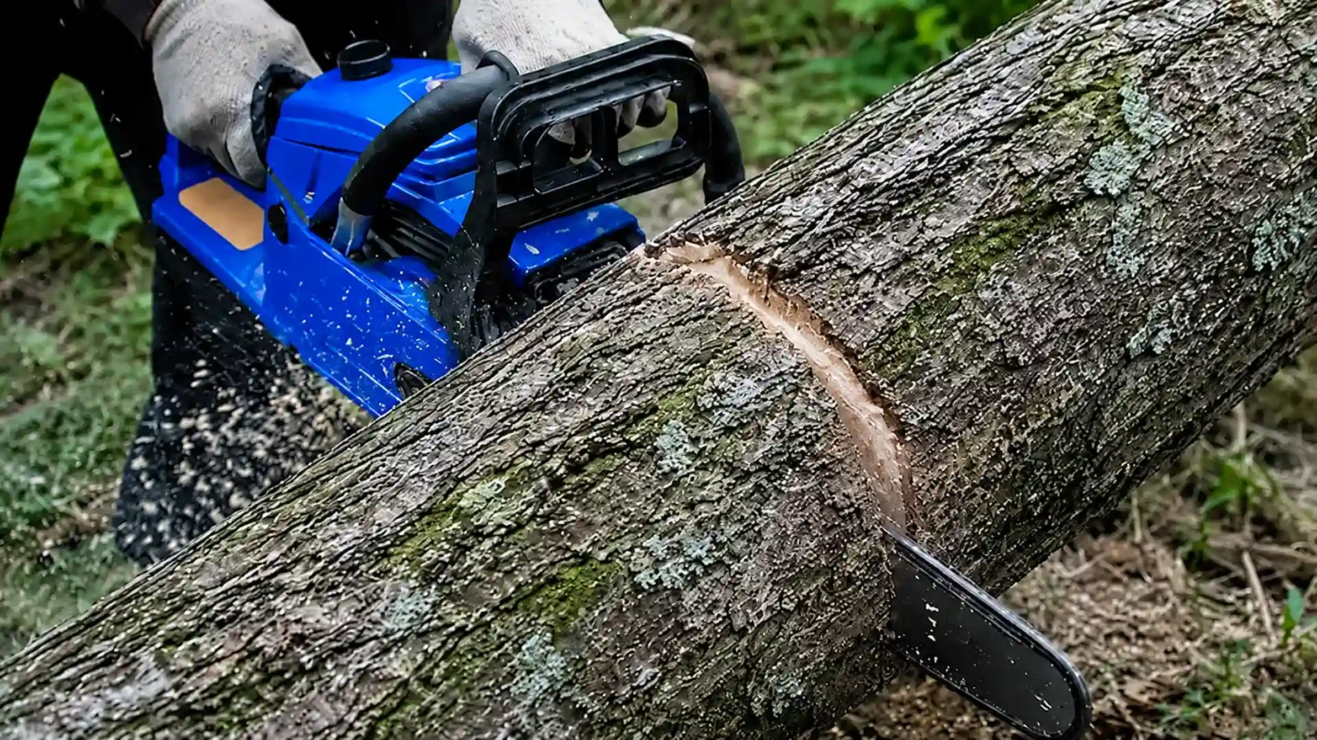 Person cutting a thick tree trunk with a blue chainsaw outdoors.